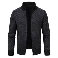Thickened Plaid Print Jacket Cardigan Slim Fit Zipper Stand Collar Sweater (Mens)
