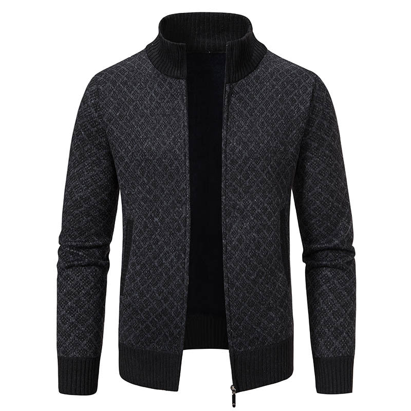 Thickened Plaid Print Jacket Cardigan Slim Fit Zipper Stand Collar Sweater (Mens)