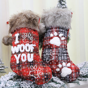 I Woof You Plaid Fur Collar Dog Christmas Stocking