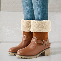 Botas de moda con hebilla Zapatos de tacón grueso Botas occidentales cálidas de invierno con punta redonda para mujer