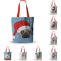 Canvas Christmas Pug Print Tote Bags
