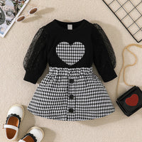 Infant Toddler Long-sleeved Pullover Skirt Two-piece Girl's Cute Love Top Tartan Skirt Suit
