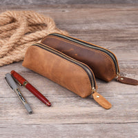 Leather Handmade Pencil Pen Storage Zipper Glasses Case
