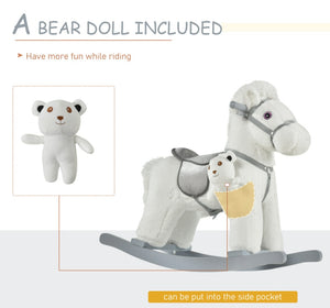 White Plush Rocking Horse With Bear Toy For Kids, Soft   Sound Rocker, Ideal For Nursery  Playtime