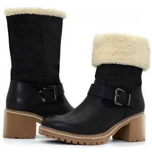 Fashion Boots With Buckle Chunky Heel Shoes Warm Winter Round Toe Western Boots For Women