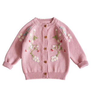 Hand Embroidered Strawberry Flower Cardigan (Toddler/Child)