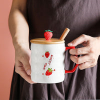 Bamboo Lid Strawberry Mug Large Capacity Ceramic Mug