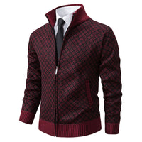 Thickened Plaid Print Jacket Cardigan Slim Fit Zipper Stand Collar Sweater (Mens)
