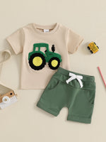 Toddler Boys Summer Outfits Truck Embroidered Round Neck
