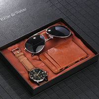 New Men's Quartz Watch Set Glasses Wallet Gift Set Box
