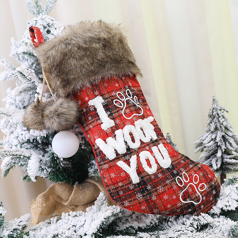 I Woof You Plaid Fur Collar Dog Christmas Stocking