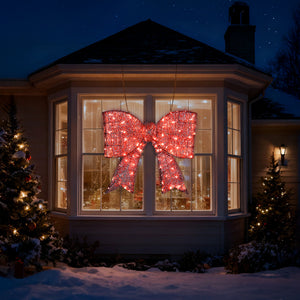 Pre-lit Outdoor Giant Bowknot Christmas Decoration, Lighted Metal Frame With 124 Warm White LED Lights, For Front Door Gate Wall Indoor Outdoor Holiday Party, Red