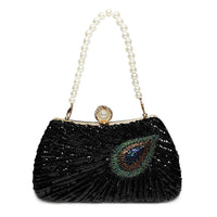 Beaded Peacock Feather Large Pearl Rhinestone Handbag