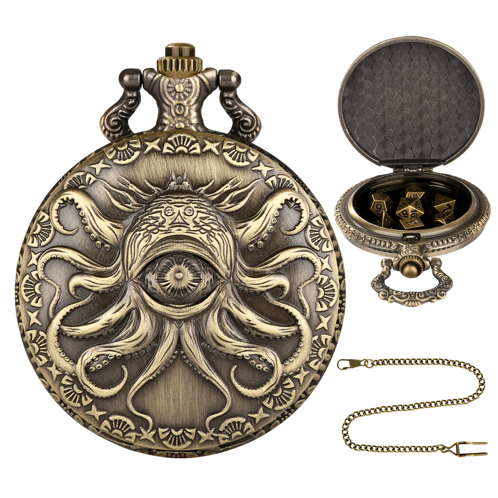 Steampunk Cyclops Octopus Pocket Watch Dice Set DND Game 7-Piece Set Dice Storage Box Retro Alloy Dice Full Set Portable Decorative Gift