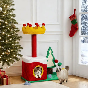 29.5in Christmas Themed Plush Cat Tree, Multi-level Cat Tower With Cat Condo, Top Crown Perch, Sisal Scratching Posts, Cat Pet Activity Center For Indoor Cats