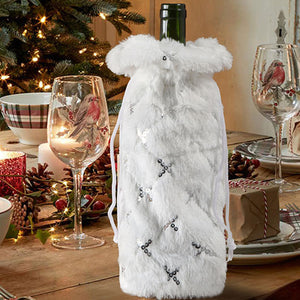 Bolsa de botella de vino con cordón navideño de lentejuelas de copo de nieve de felpa