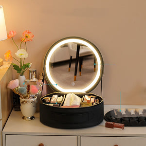 Trousse cosmétique circulaire avec miroir et lumière grande capacité