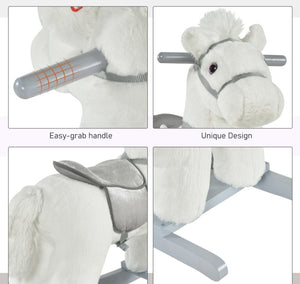 White Plush Rocking Horse With Bear Toy For Kids, Soft   Sound Rocker, Ideal For Nursery  Playtime