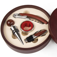 Round Leather Wood Tin Box Wine Set (4 Pc)
