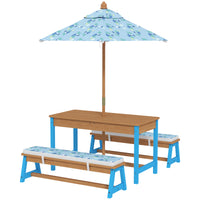 Kids Picnic Table Set With Foldable Umbrella, Removable Cushions & Boxes, Dinosaur Theme, Blue
