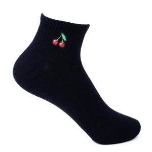 Calcetines de canalé con bordado de cerezas y corte bajo para mujer-LNVS3002: Negro