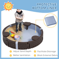 47 Round Kids Sandbox With Cover, 3 Seats, Waterproof Bottom Liner, For Backyard, Lawn, Garden, Beach, Patio, Brown