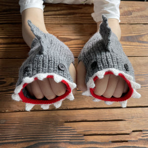 New Cartoon Grey Shark Warm Half Finger Knitted Gloves