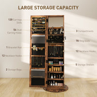 360 Swivel Jewelry Armoire, Lockable Jewelry Cabinet With Full-Length Mirror, Storage Shelves, Rustic Brown
