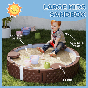 47 Round Kids Sandbox With Cover, 3 Seats, Waterproof Bottom Liner, For Backyard, Lawn, Garden, Beach, Patio, Brown