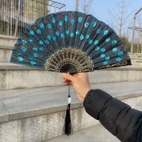 Peacock Feather Folding Fan Embroidery Black Rod