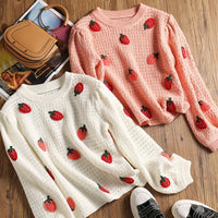 Strawberry Crew Neck Long Sleeve Knit Sweater