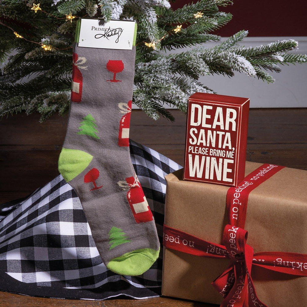 Papá Noel, tráeme vino, cartel de caja y juego de calcetines 