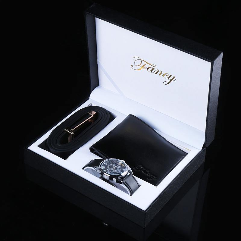 Conjunto de tres piezas de caja de regalo de cartera con cinturón de reloj de pulsera de cuarzo para hombre a la moda