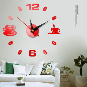 Horloge murale sans cadre en grains de café et tasses