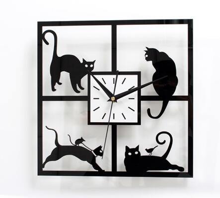 Horloge murale chat miroir noir