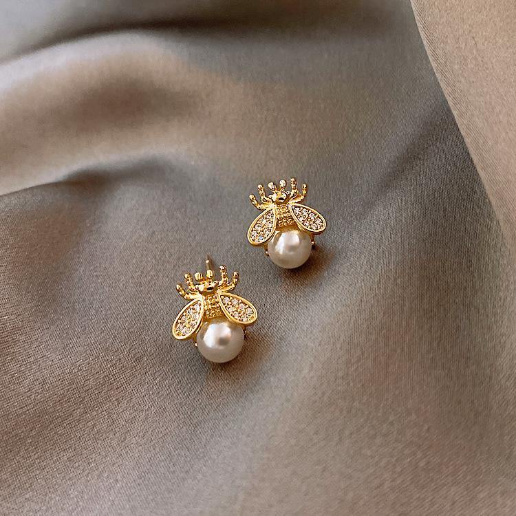Gold Bee Pearl Earrings