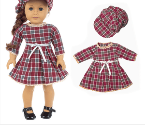 Conjunto de muñeca con vestido y sombrero a cuadros