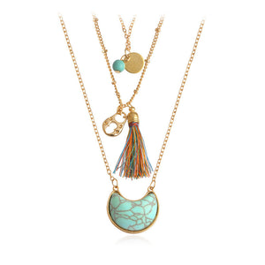 Collier multicouche Turquoise de Style ethnique bohème, fil de soie, pendentif lune, chaîne clavicule, vente directe d'usine