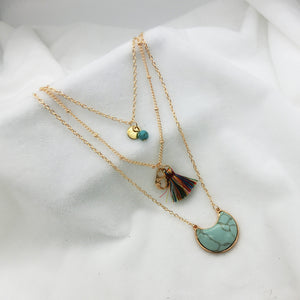 Bohemian Ethnic Style Turquoise Multilayer Necklace Silk Thread Tassel Moon Pendant Clavicle Chain Factory Direct Sales