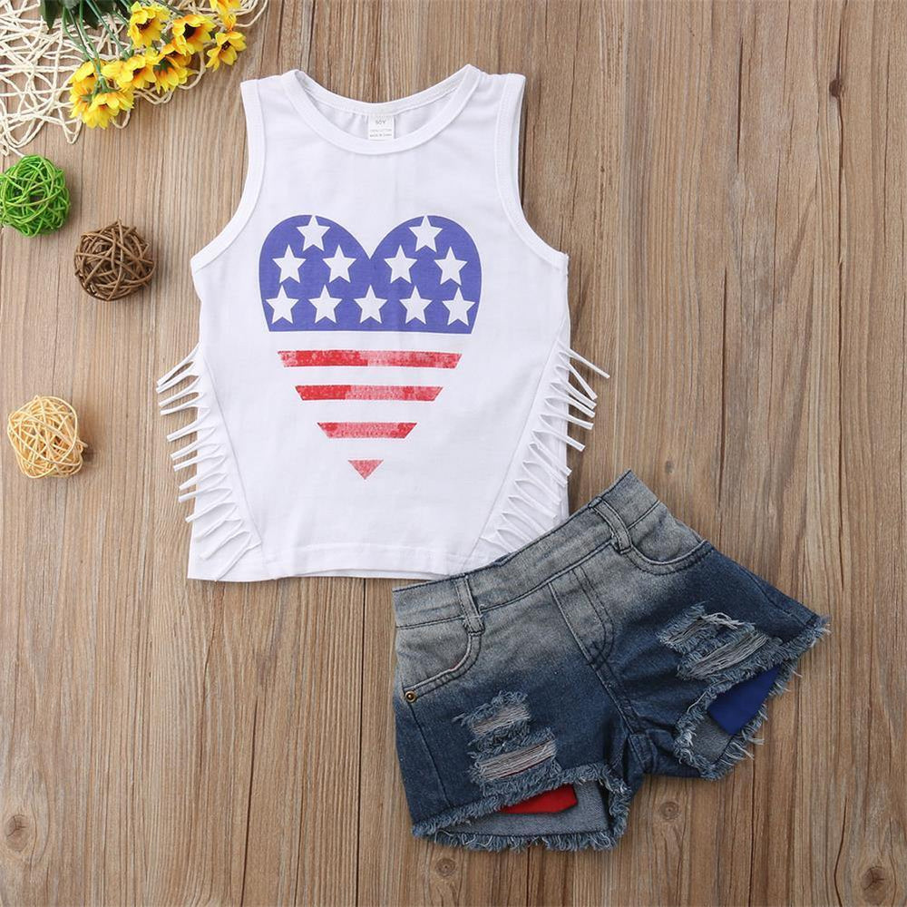 Stars & Stripes Heart Fringed Tank Top & Distressed Denim Outfit (Child)