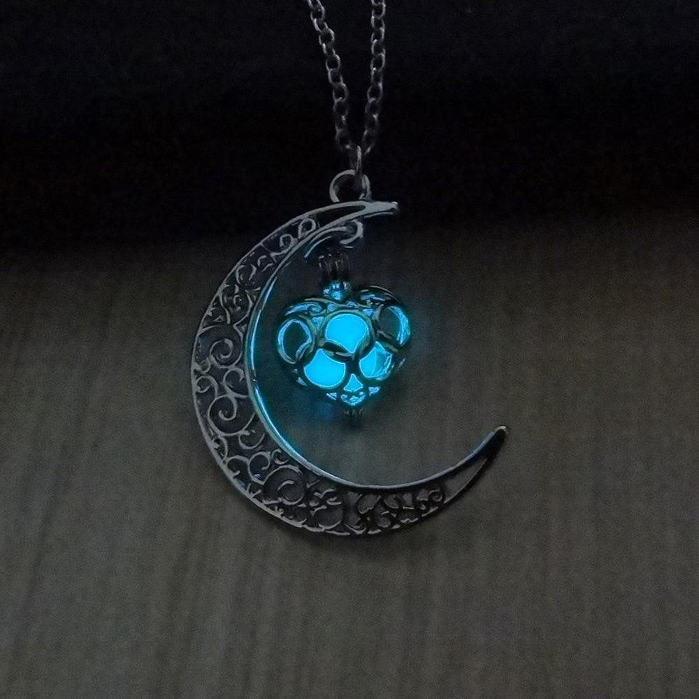 Glowing Crescent Moon Heart Owl Pendant Necklace