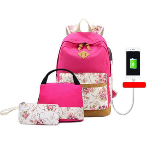 Floral Canvas School Bag Sets (3 Pcs)