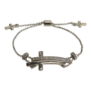 Two-Tone Sideways Cross Silver Plated Drawstring Bracelet