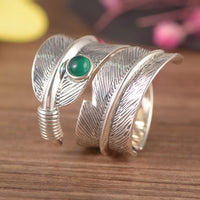 S925 Inlaid Green Agate Feather Ring
