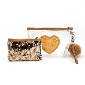 Gold Sequin Heart Cosmetic Bag Set (2 Pcs)