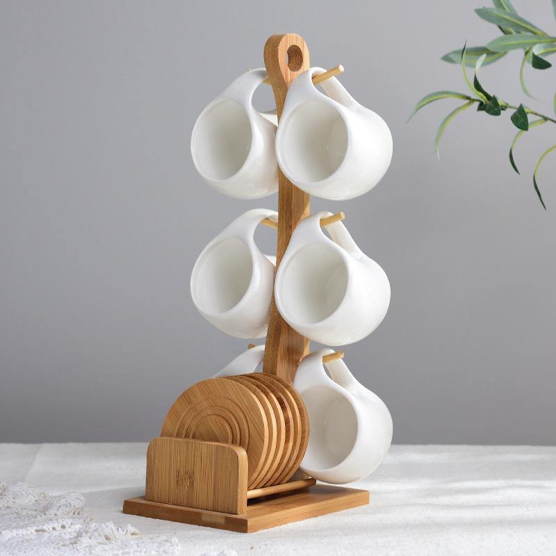 Bamboo & Ceramic Teacups and Saucers Set