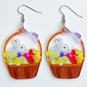 Panier de fleurs de lapin de Pâques, boucles d'oreilles mignonnes imprimées, poussin d'œuf, fleurs de printemps