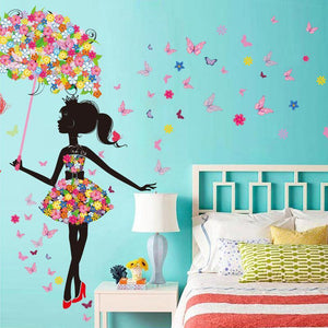 Décalcomanie murale princesse papillon avec parapluie