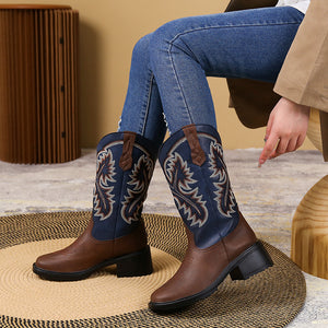 Zapatos bordados Botas occidentales Botas de vaquero de tacón medio grueso para mujer