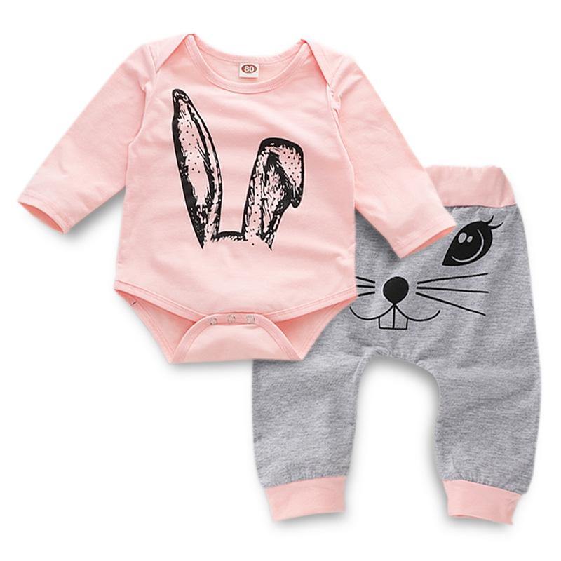 Rabbit Print Long Sleeve Romper Outfit (Baby/Toddler)